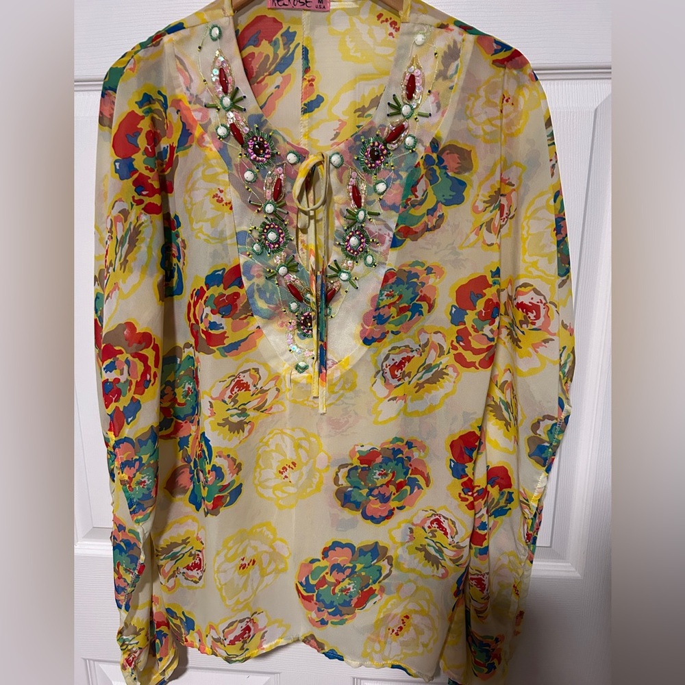 Colorful Floral Embellished Long Sleeve Beach Cover Up